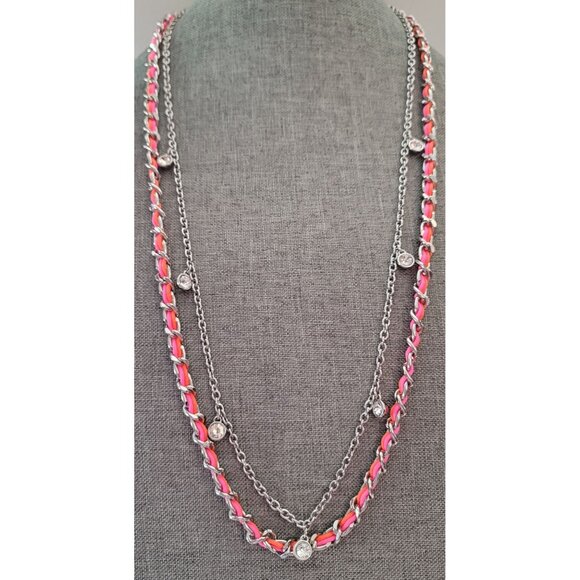 Ann Taylor Silver Tone Pink Orange Cord Crystal Stations Chain Necklace, E874 - Picture 8 of 8